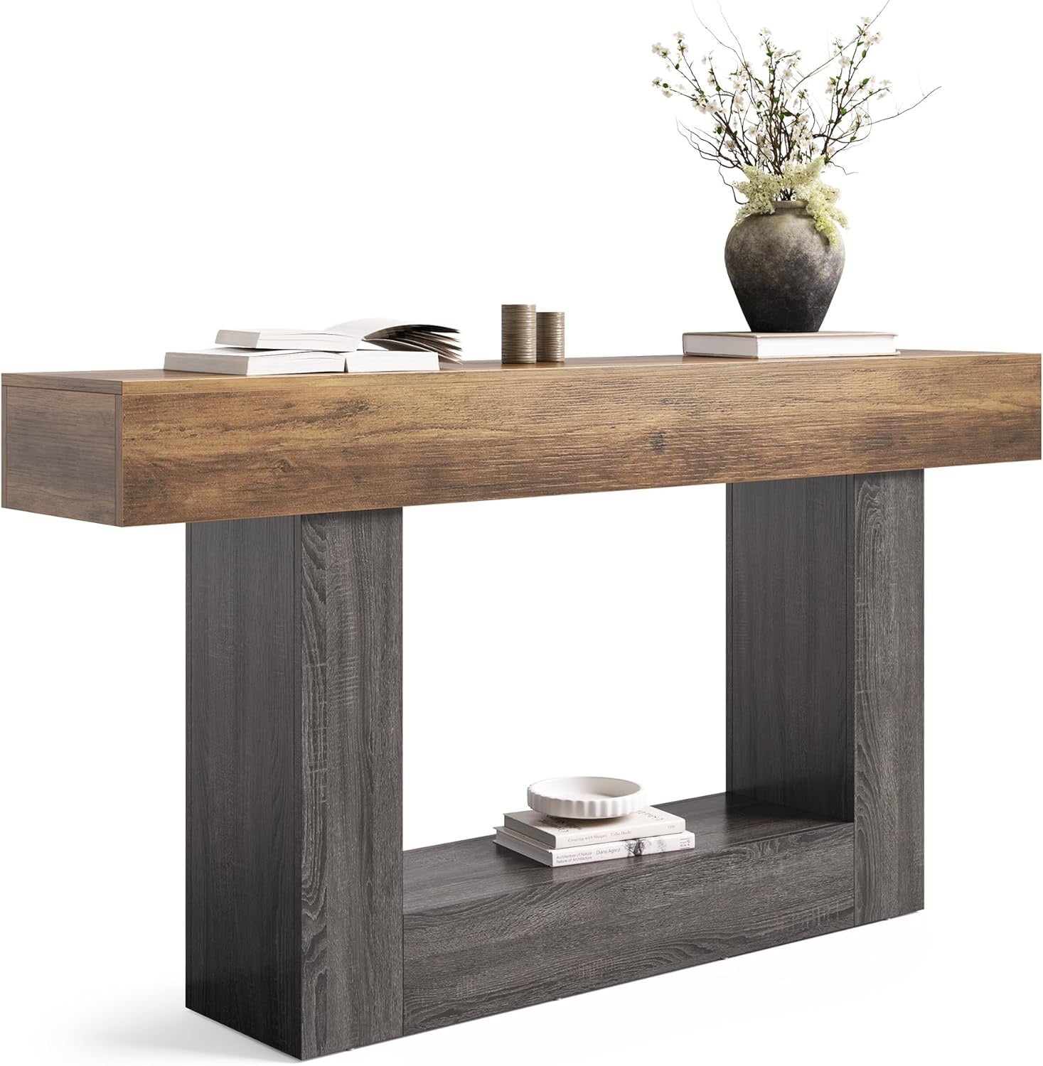 LITTLE TREE 63” Farmhouse Console Table | 2-Tier Wooden Sofa Table for Entryway & Living Room (Rustic Brown & Grey)