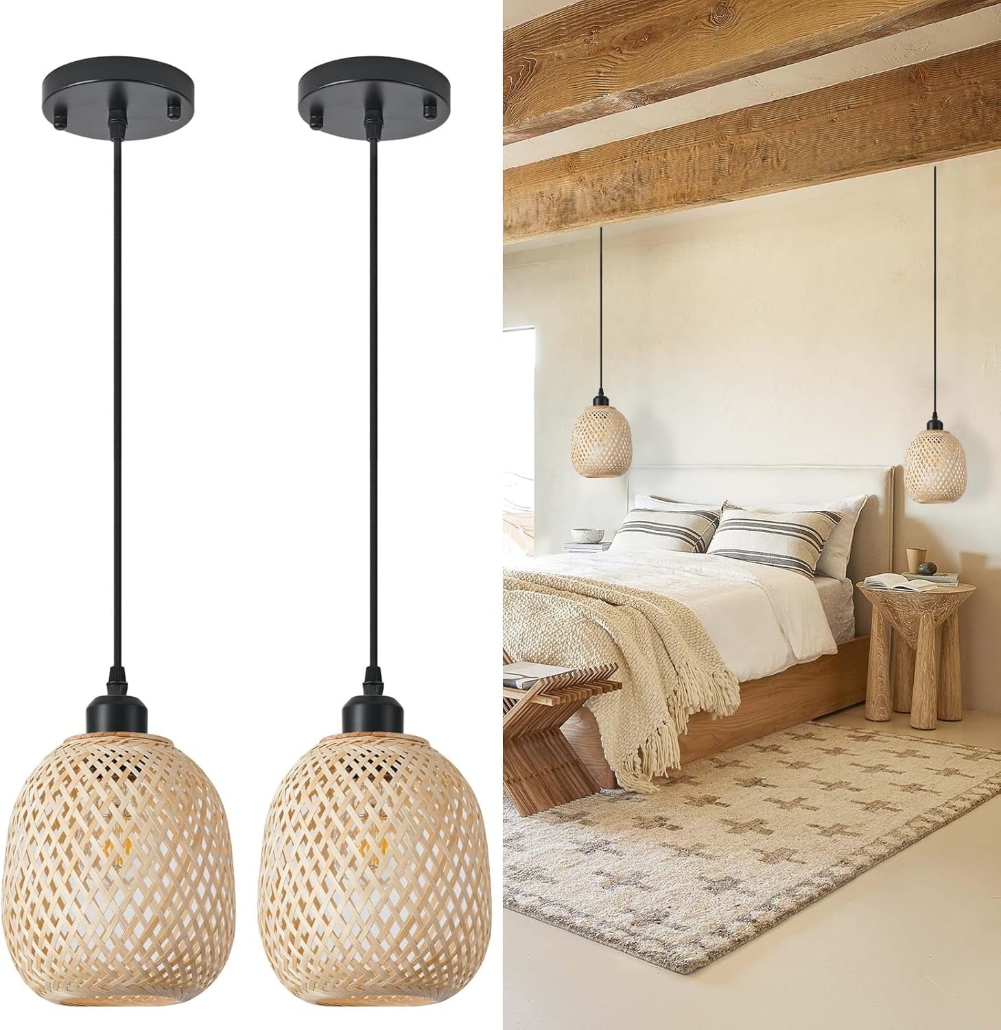 TERLEENART Rattan Bamboo Pendant Lights Set of 2 | Mid-Century Bohemian Woven Ceiling Lighting