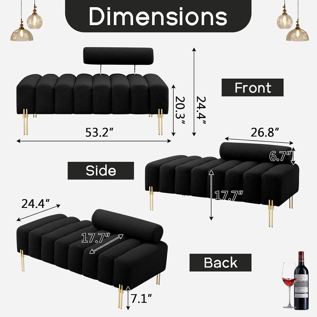 NIOIIKIT 53" Modern Teddy Loveseat | Black Upholstered Accent Sofa with Gold Legs