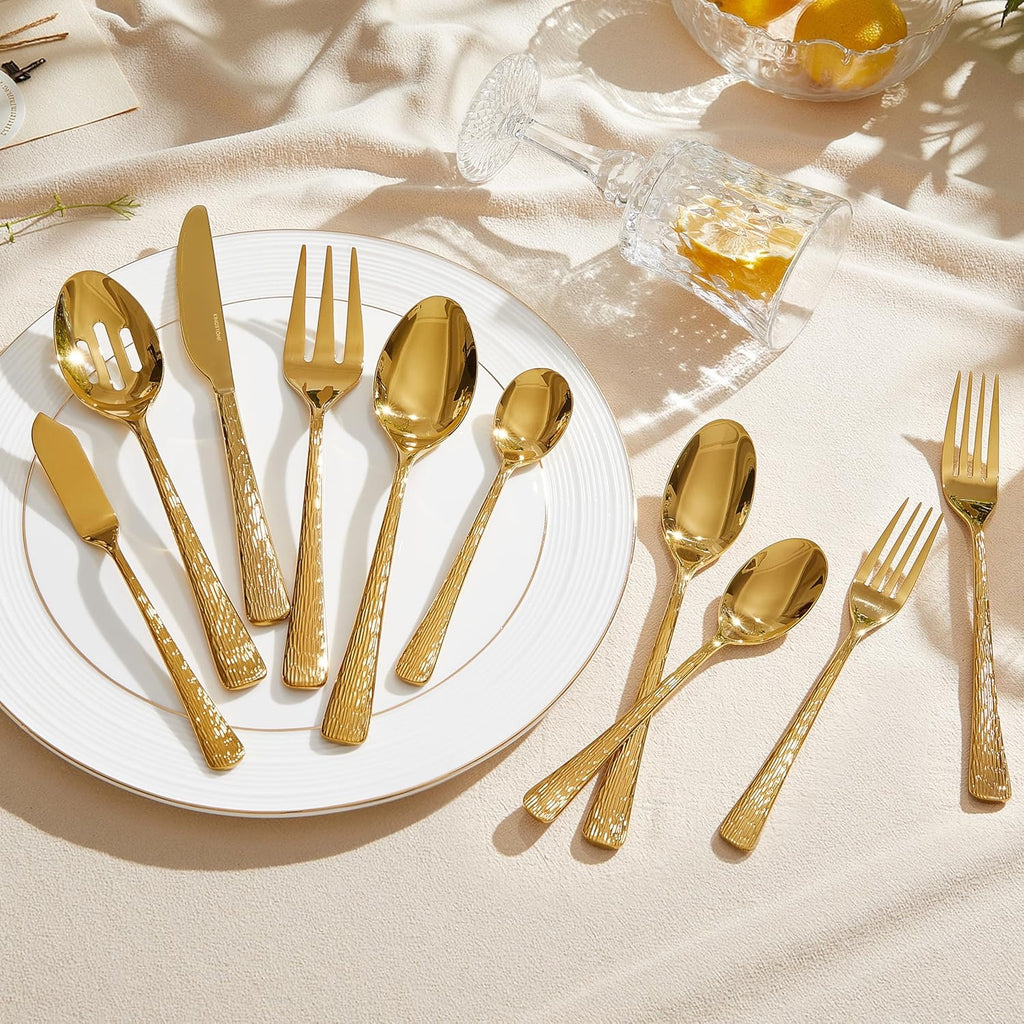 KINGSTONE Gold Hammered Silverware Set | 65-Piece 18/10 Stainless Steel Flatware with Serving Utensils (Luxury Gold Cutlery Set)
