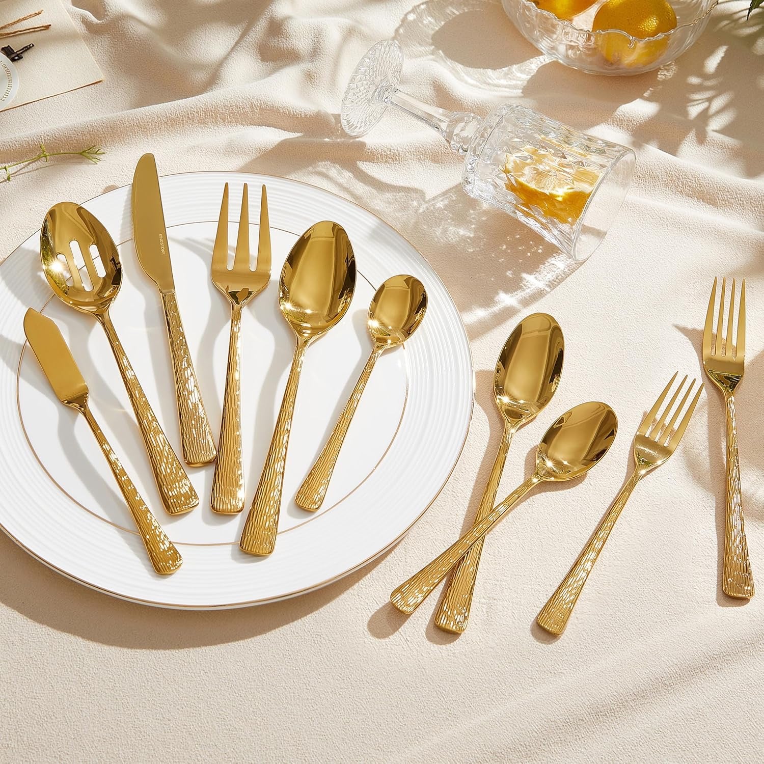 KINGSTONE Gold Hammered Silverware Set | 65-Piece 18/10 Stainless Steel Flatware with Serving Utensils (Luxury Gold Cutlery Set)