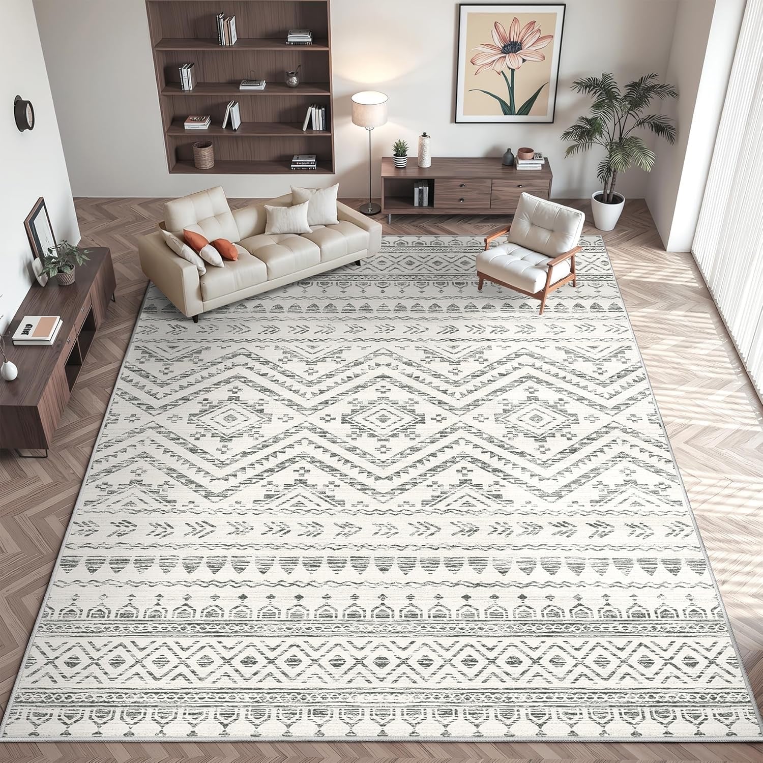 8x10 Moroccan Washable Area Rug | Non-Slip Low Pile Soft Indoor Carpet (Grey)