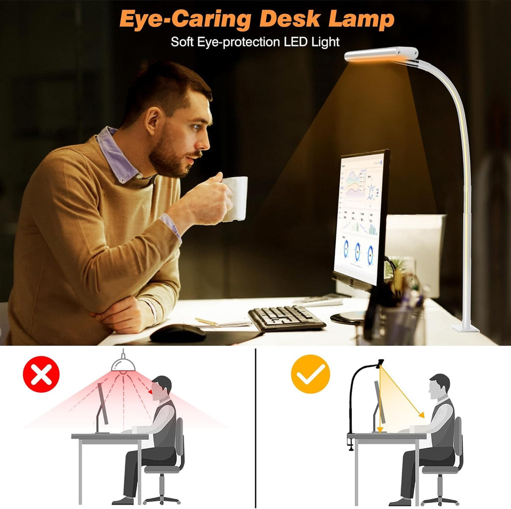 LED Desk Lamp with Clamp | Eye-Caring Gooseneck Task Light with Stepless Dimming – White