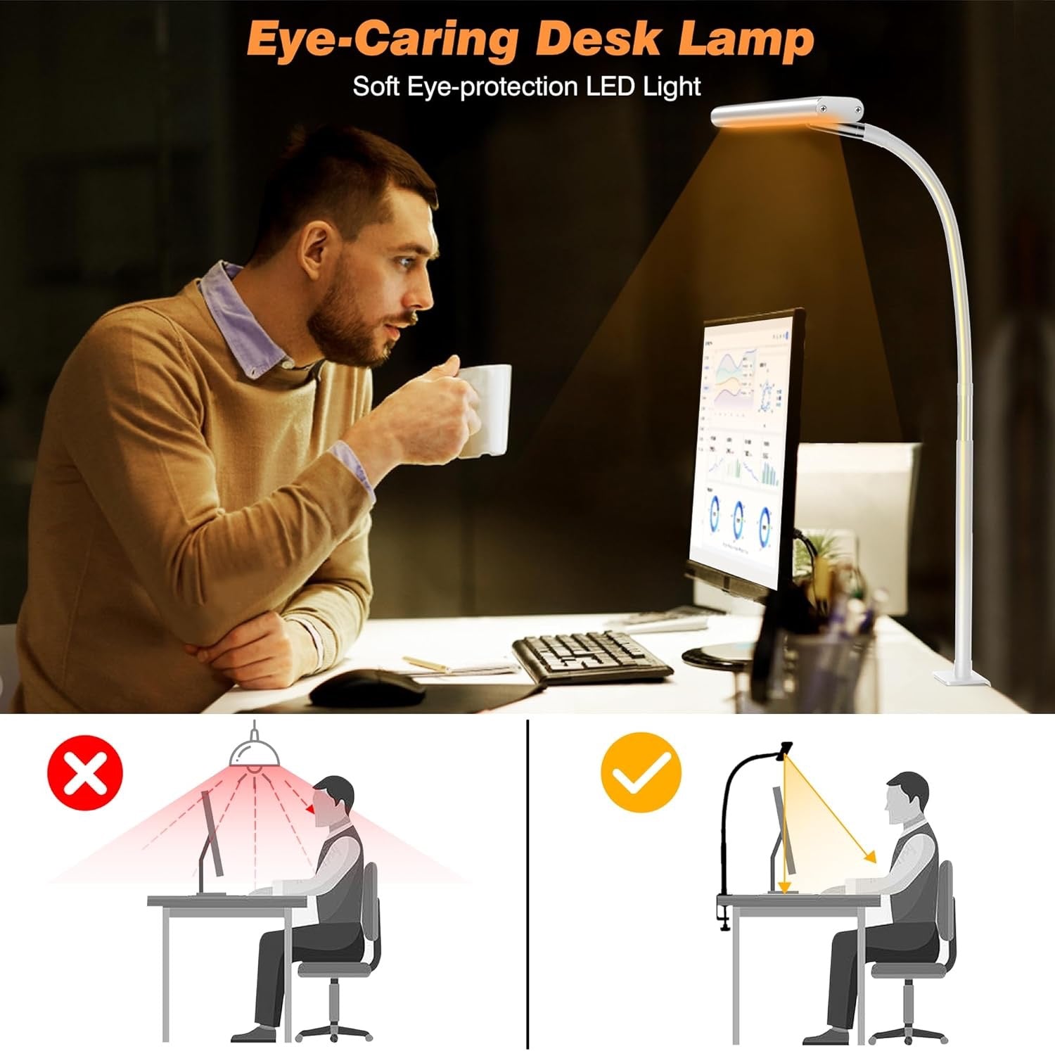LED Desk Lamp with Clamp | Eye-Caring Gooseneck Task Light with Stepless Dimming – White