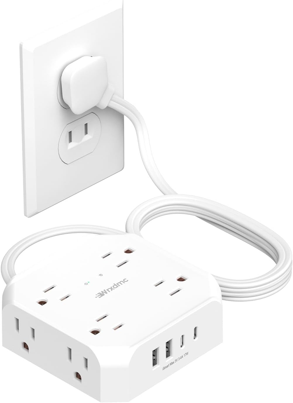 WRXDMC 2-Prong Surge Protector Power Strip | 8 AC Outlets + USB-C & USB-A, 5ft Extension Cord – Wall Mountable