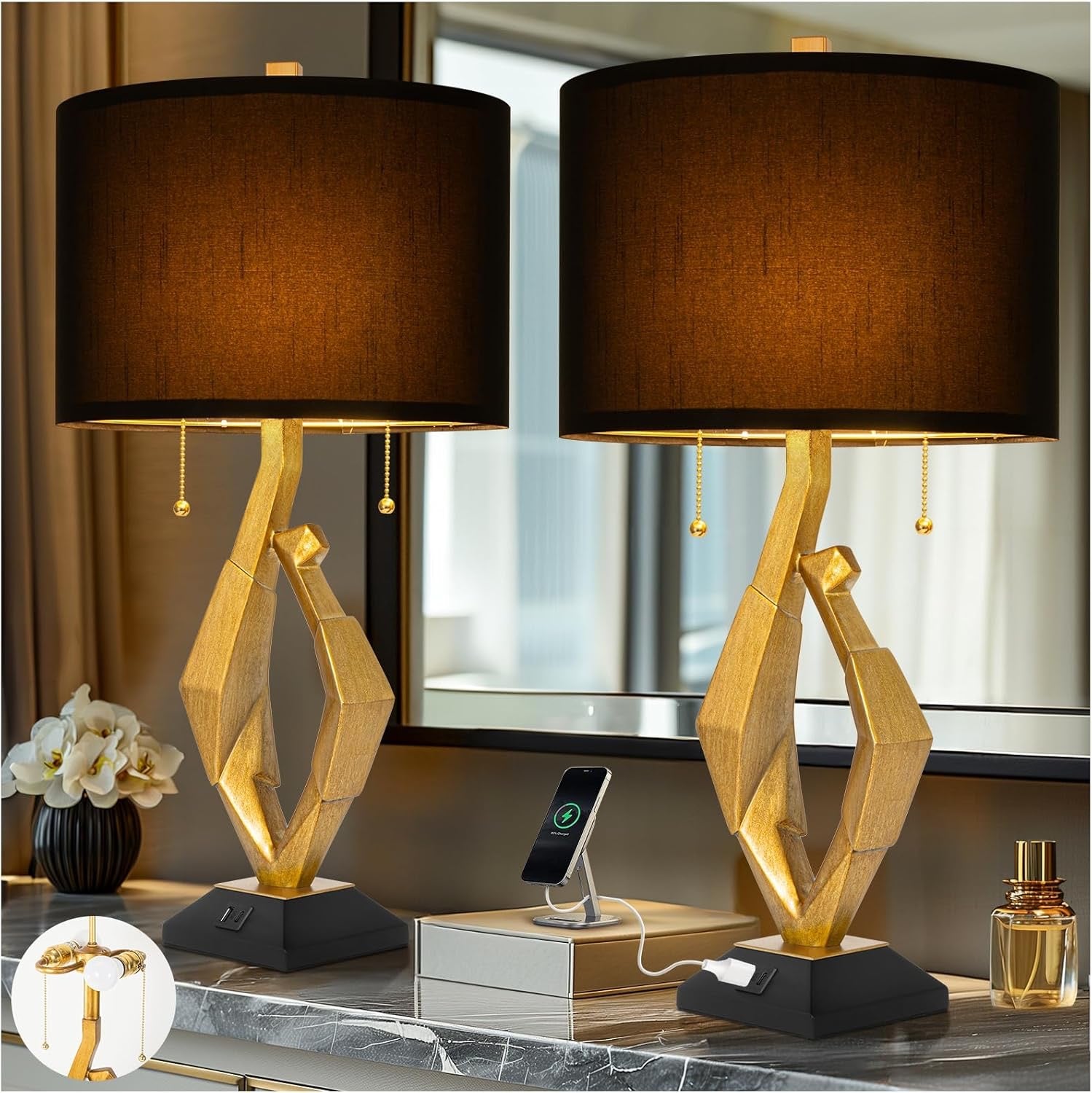 Sculptural Gold Leaf Table Lamps Set of 2 | Rustic Farmhouse Bedside Lamps with USB Charging Ports