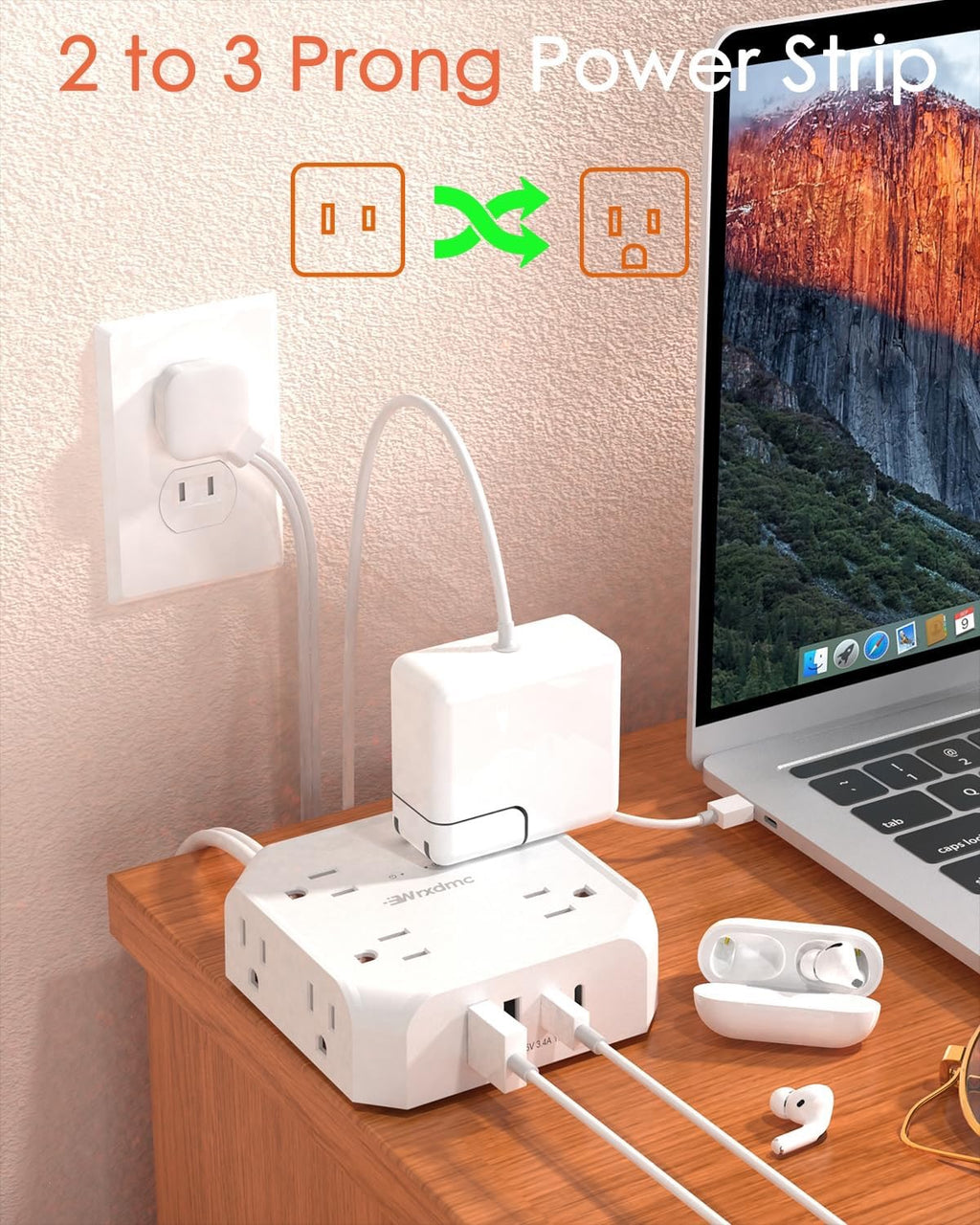 WRXDMC 2-Prong Surge Protector Power Strip | 8 AC Outlets + USB-C & USB-A, 5ft Extension Cord – Wall Mountable