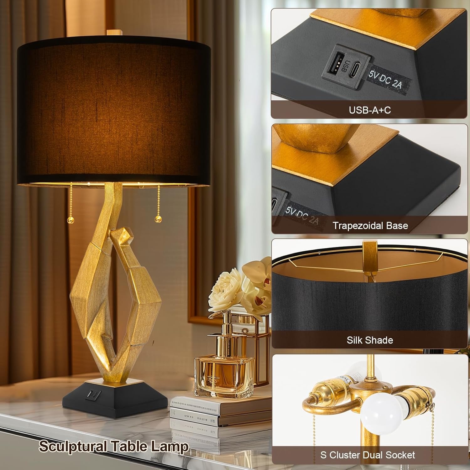 Sculptural Gold Leaf Table Lamps Set of 2 | Rustic Farmhouse Bedside Lamps with USB Charging Ports