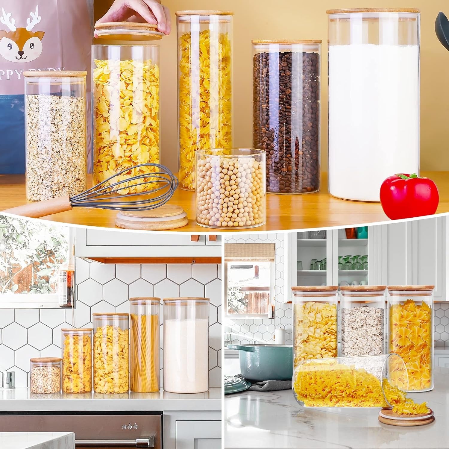 Glass Jars with Bamboo Lids Set of 5 | Airtight Glass Canisters for Pantry Storage Coffee Flour Sugar Rice