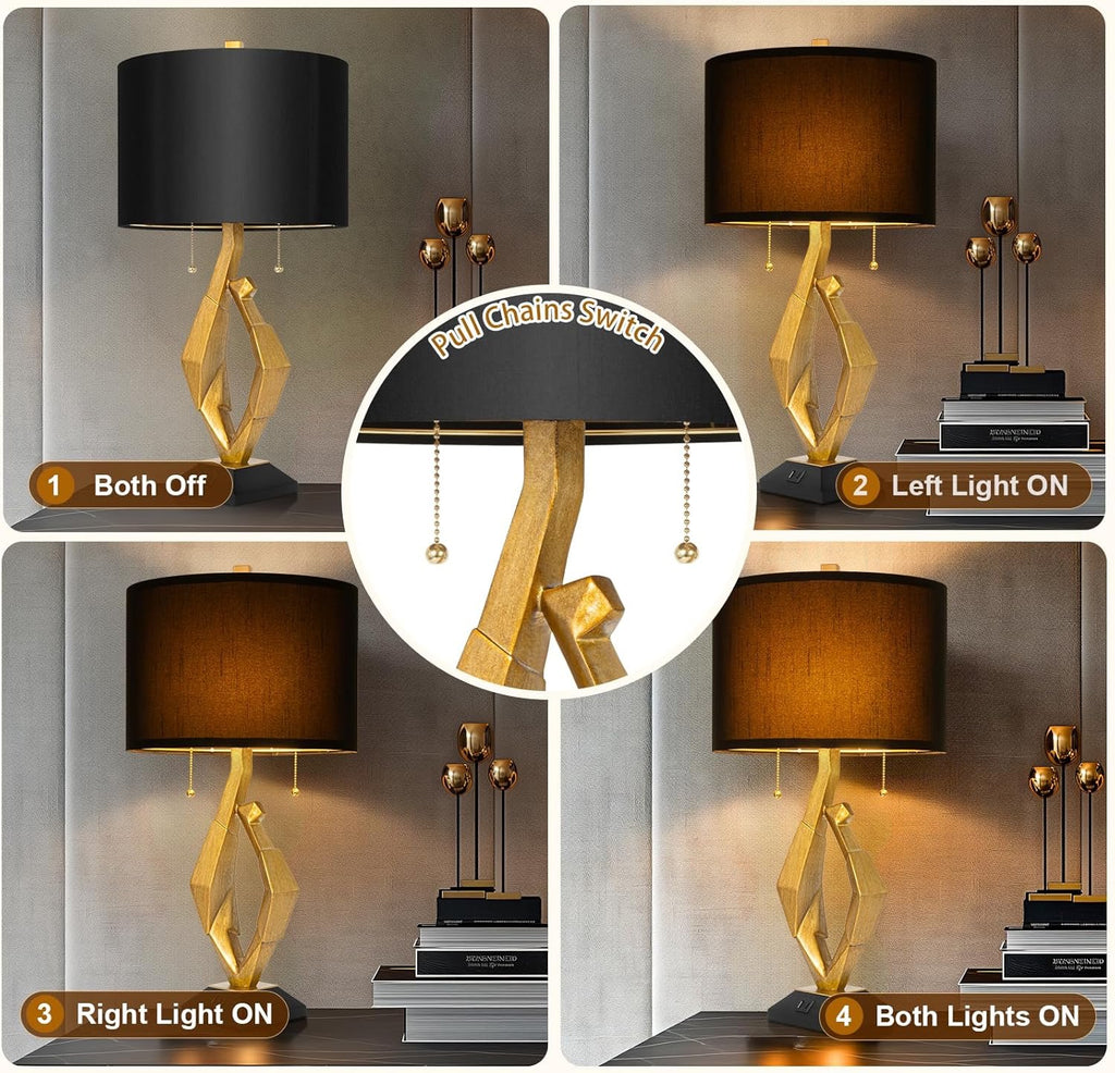 Sculptural Gold Leaf Table Lamps Set of 2 | Rustic Farmhouse Bedside Lamps with USB Charging Ports