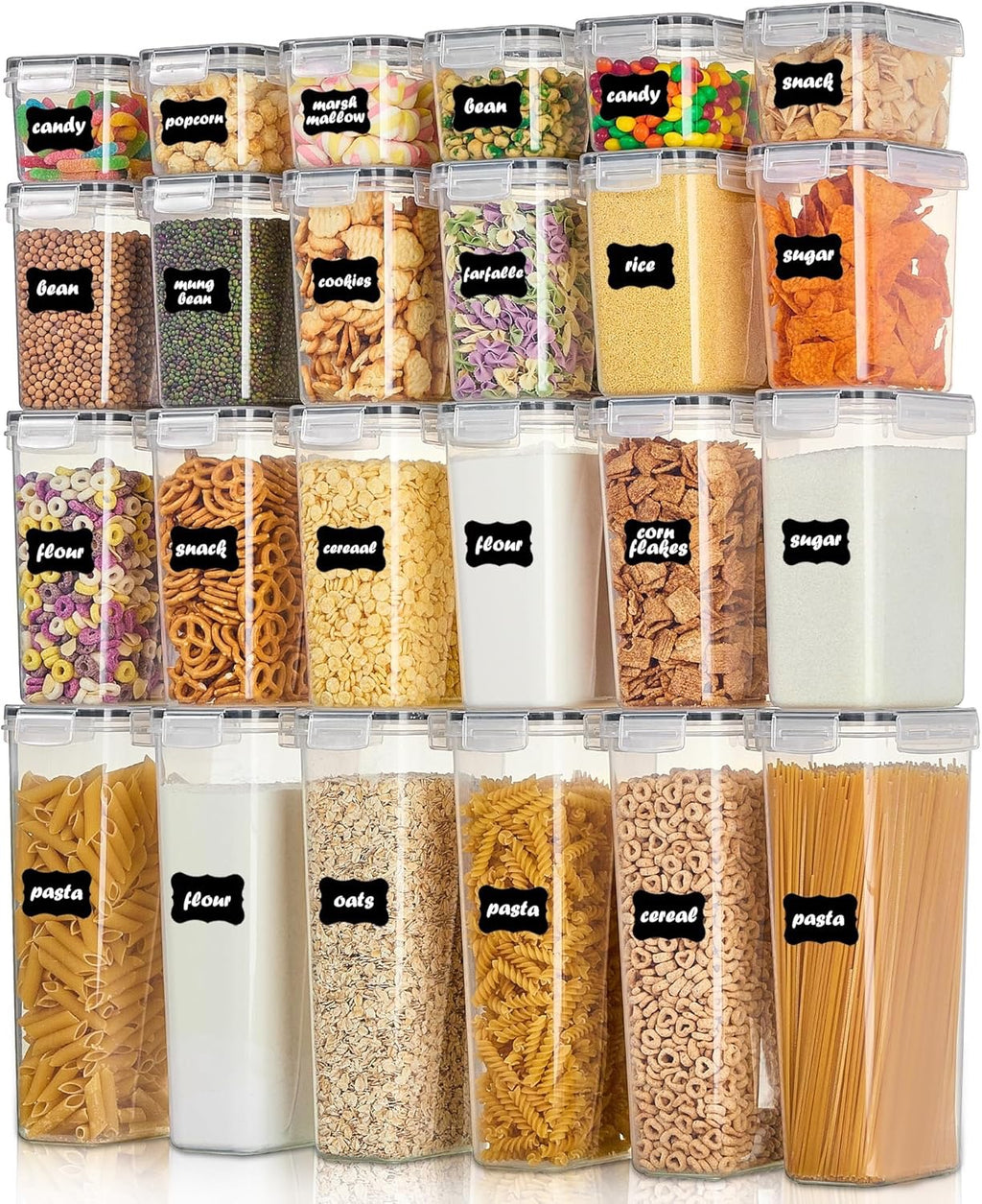 Vtopmart 24 Piece Airtight Food Storage Containers Black | BPA Free Pantry Organization Set with Labels for Cereal Flour Sugar