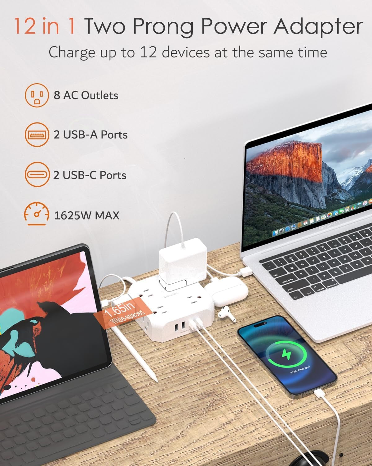 WRXDMC 2-Prong Surge Protector Power Strip | 8 AC Outlets + USB-C & USB-A, 5ft Extension Cord – Wall Mountable