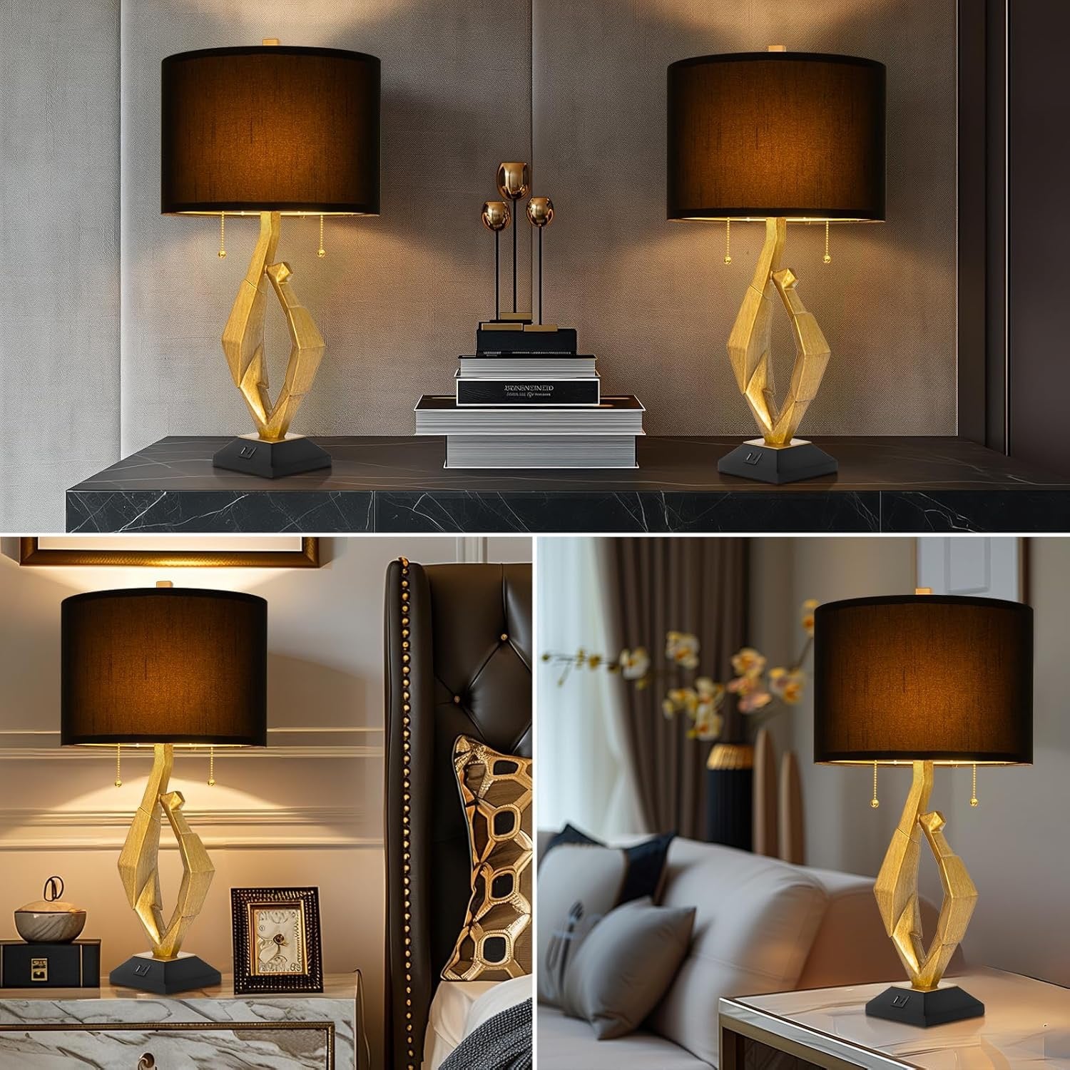 Sculptural Gold Leaf Table Lamps Set of 2 | Rustic Farmhouse Bedside Lamps with USB Charging Ports