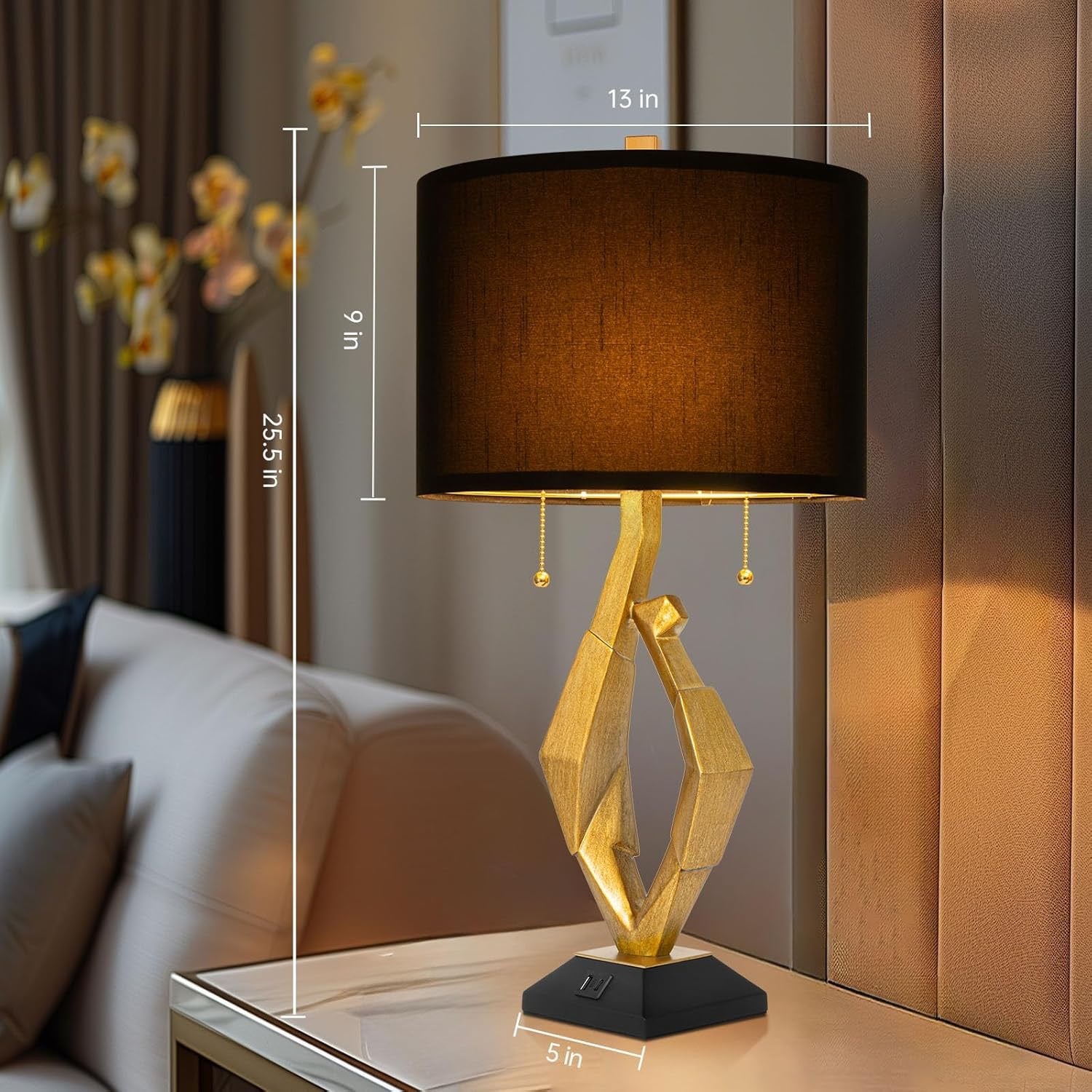 Sculptural Gold Leaf Table Lamps Set of 2 | Rustic Farmhouse Bedside Lamps with USB Charging Ports