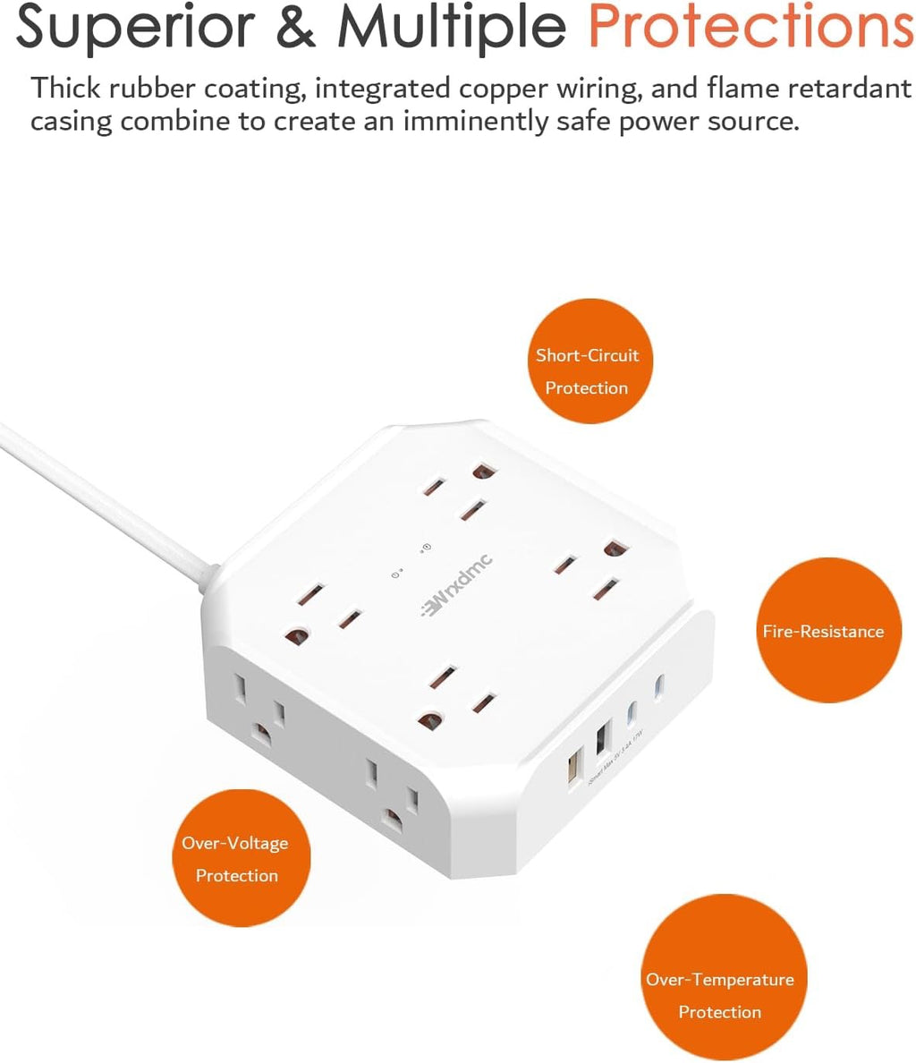 WRXDMC 2-Prong Surge Protector Power Strip | 8 AC Outlets + USB-C & USB-A, 5ft Extension Cord – Wall Mountable