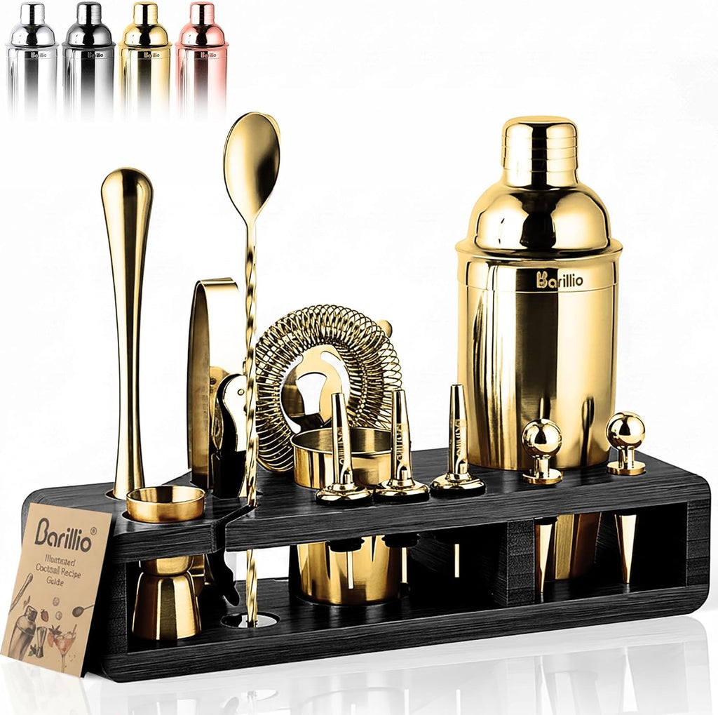 Barillio Gold Bartender Kit 23 Piece | Stainless Steel Cocktail Shaker Set with Bamboo Stand Home Bar Accessories