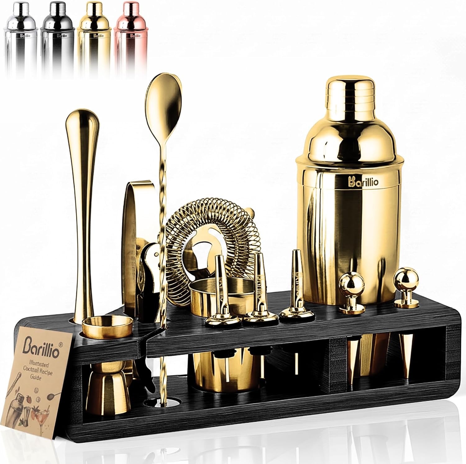 Barillio Gold Bartender Kit 23 Piece | Stainless Steel Cocktail Shaker Set with Bamboo Stand Home Bar Accessories