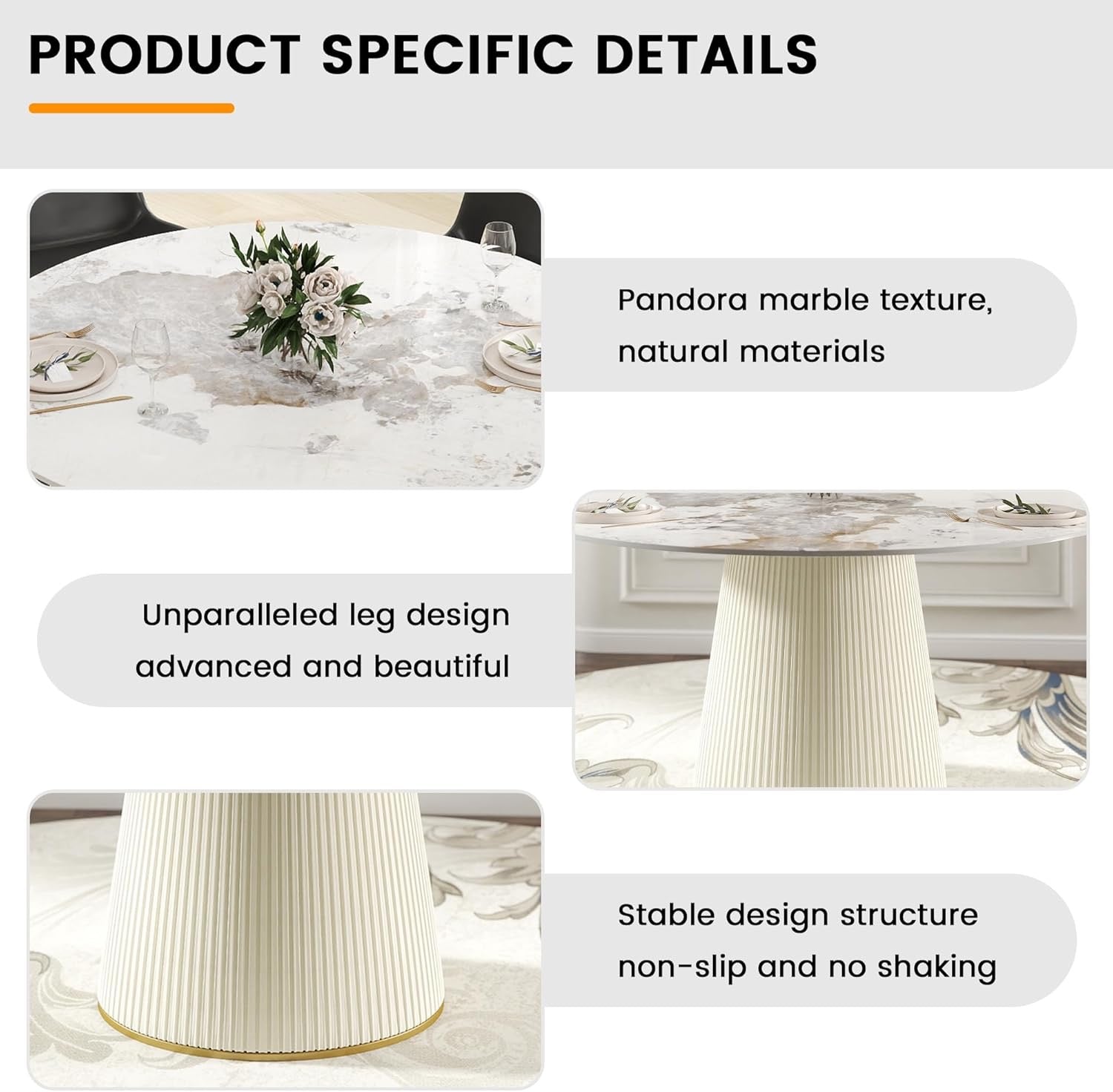 59.05" Modern Round Dining Table White Stone Top | Beige PU Base Pedestal Table for 8 | Contemporary Dining Room Statement