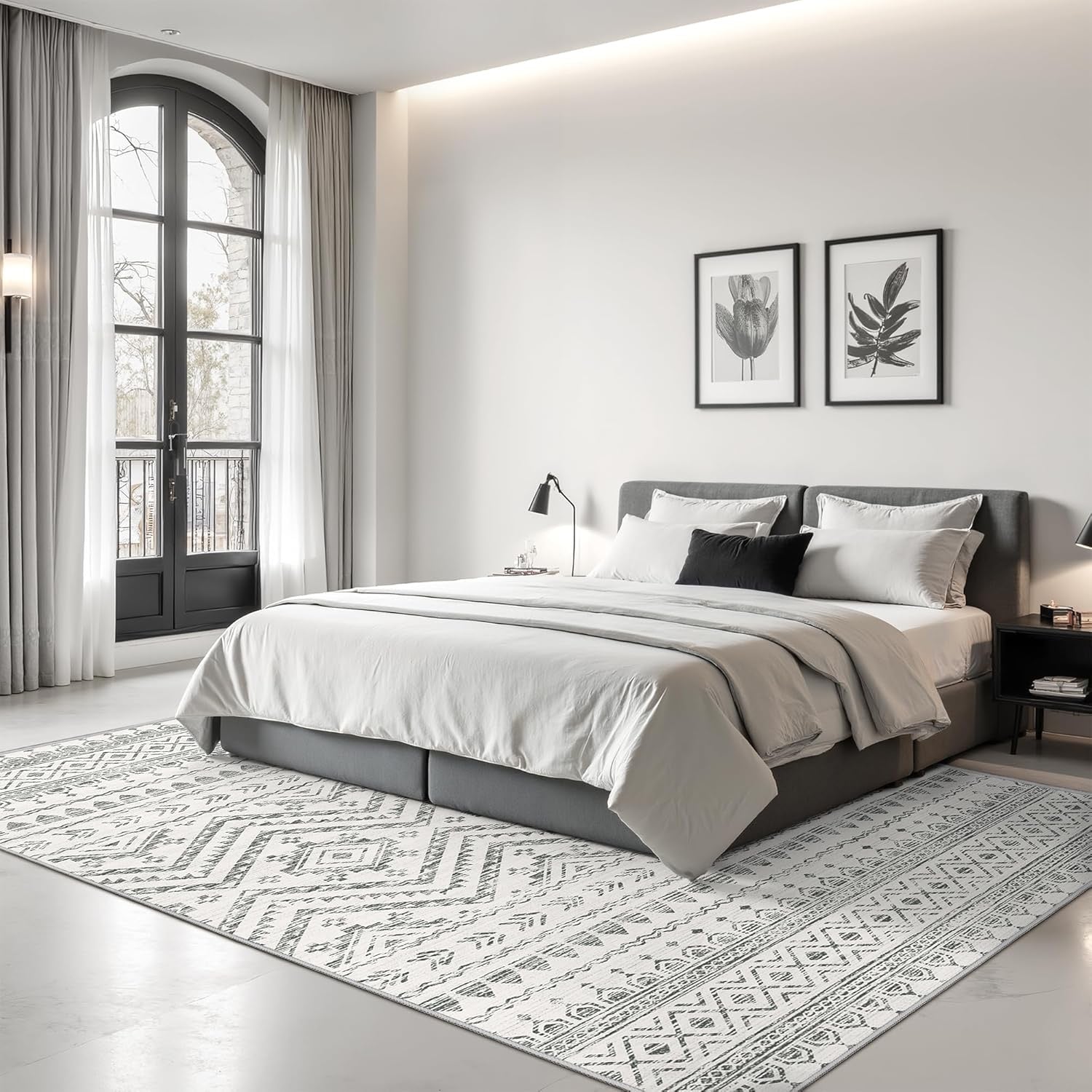 8x10 Moroccan Washable Area Rug | Non-Slip Low Pile Soft Indoor Carpet (Grey)