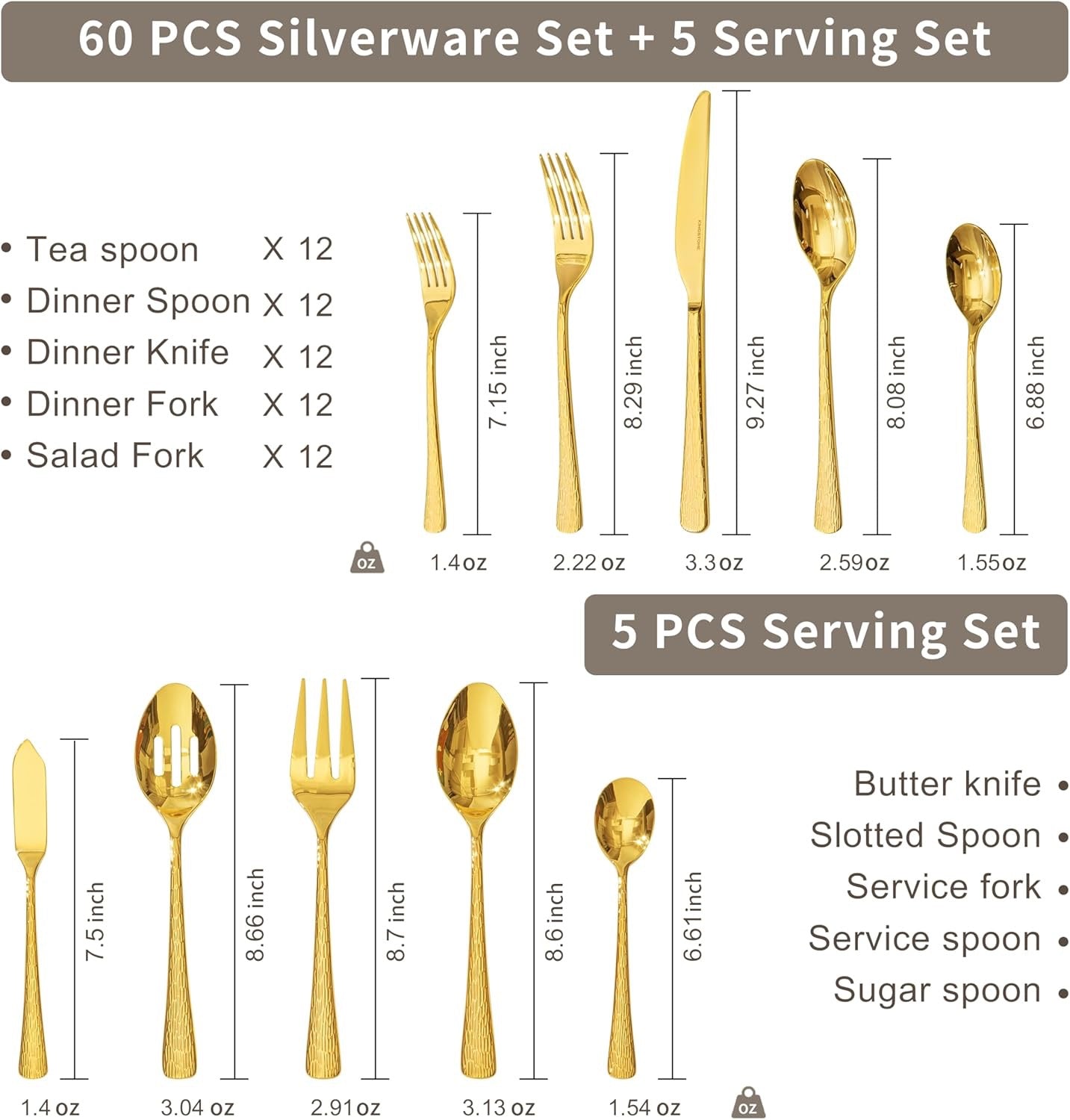 KINGSTONE Gold Hammered Silverware Set | 65-Piece 18/10 Stainless Steel Flatware with Serving Utensils (Luxury Gold Cutlery Set)