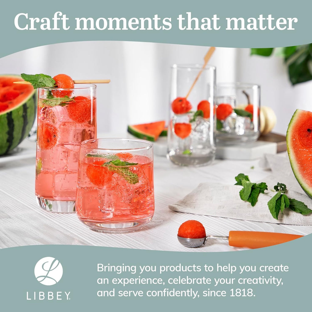 Libbey Ascent 16-Piece Drinking Glass Set | Tumbler & Rocks Glasses with Curved Modern Design (Versatile Everyday Glassware Set)