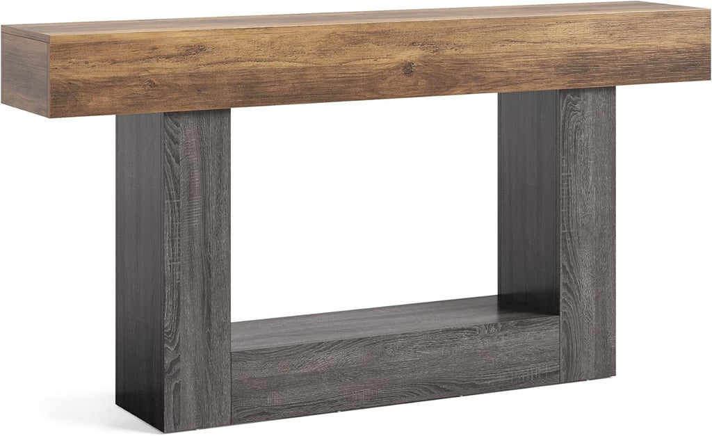 LITTLE TREE 63” Farmhouse Console Table | 2-Tier Wooden Sofa Table for Entryway & Living Room (Rustic Brown & Grey)