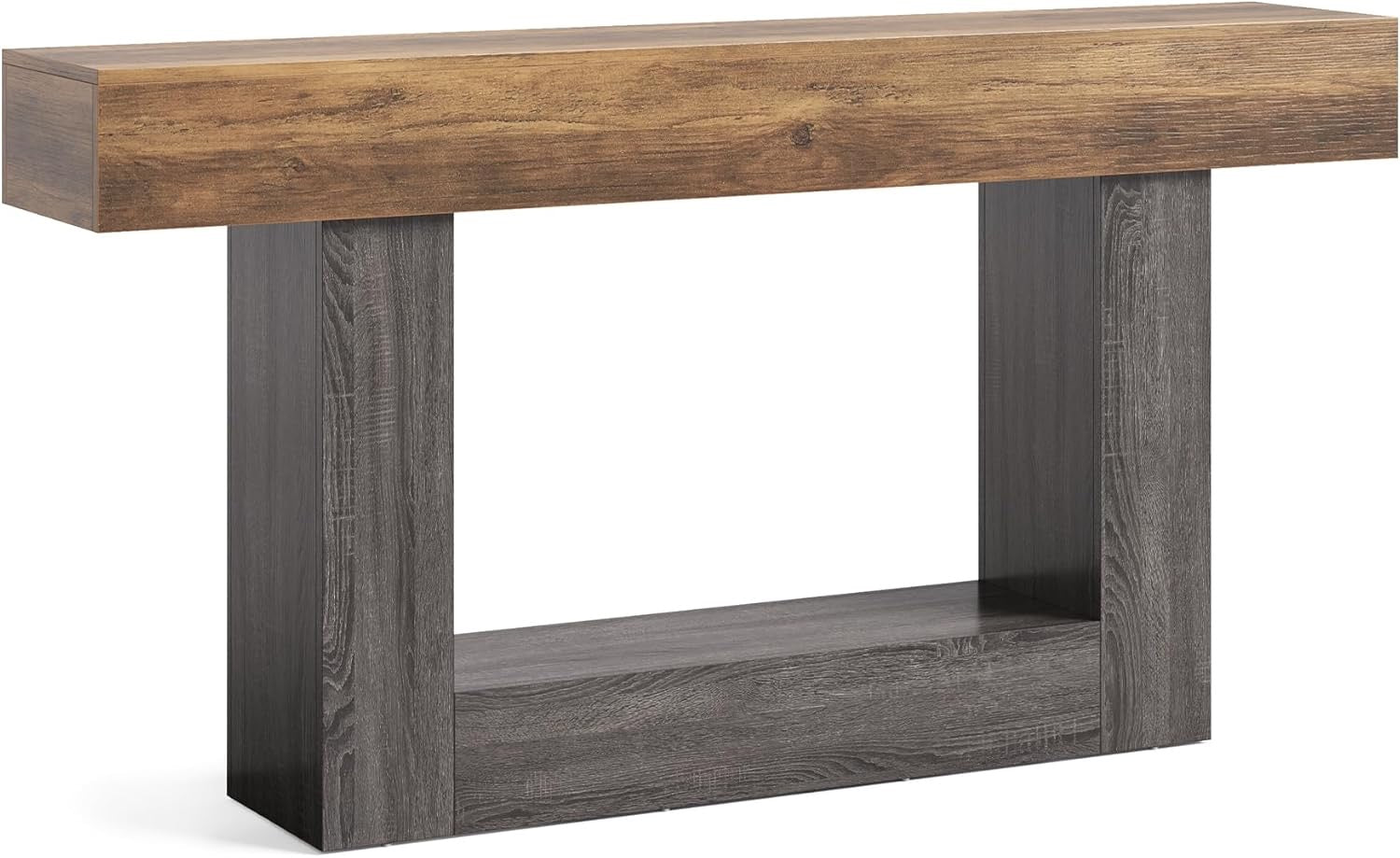 LITTLE TREE 63” Farmhouse Console Table | 2-Tier Wooden Sofa Table for Entryway & Living Room (Rustic Brown & Grey)