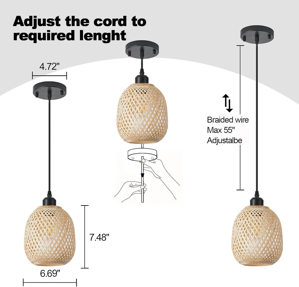 TERLEENART Rattan Bamboo Pendant Lights Set of 2 | Mid-Century Bohemian Woven Ceiling Lighting