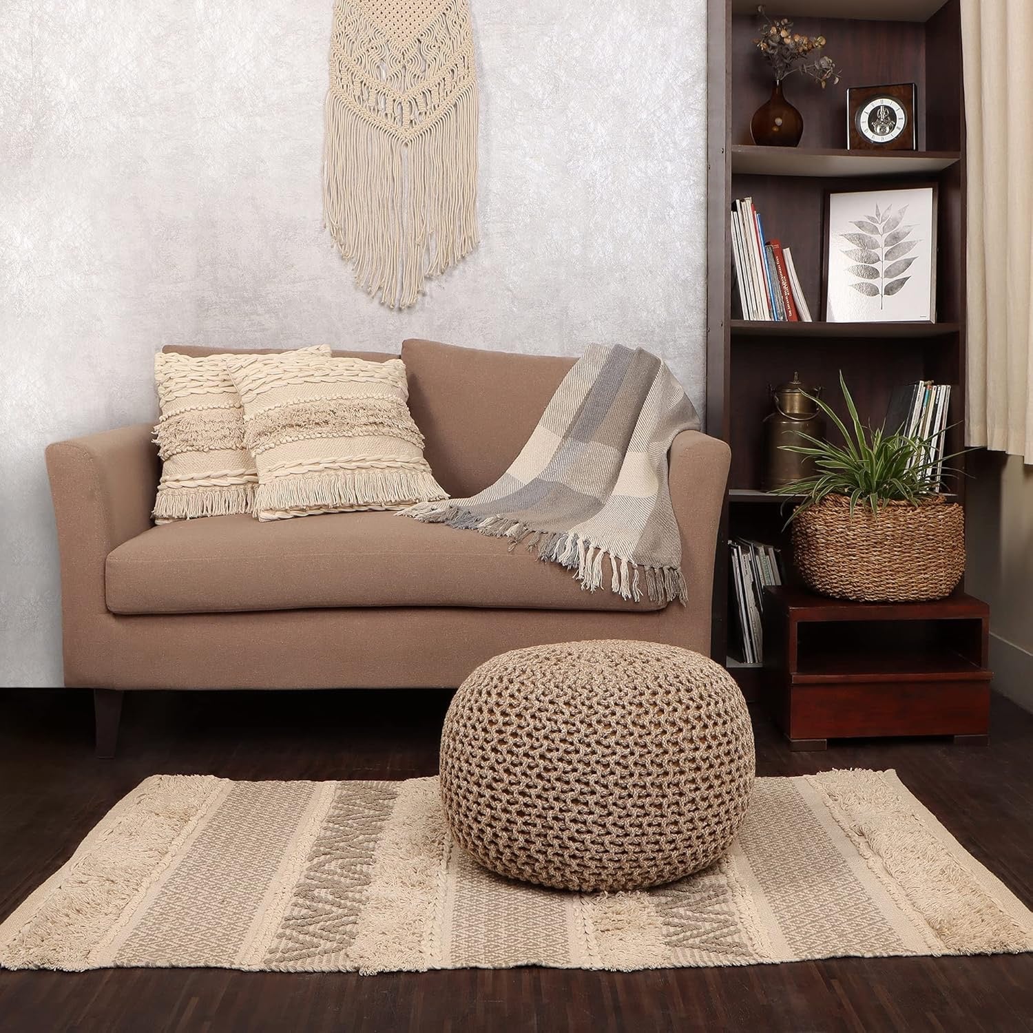 REDEARTH Hand-Knitted Cotton Pouf Ottoman | Round Cable Knit Pouffe – Beige Ivory