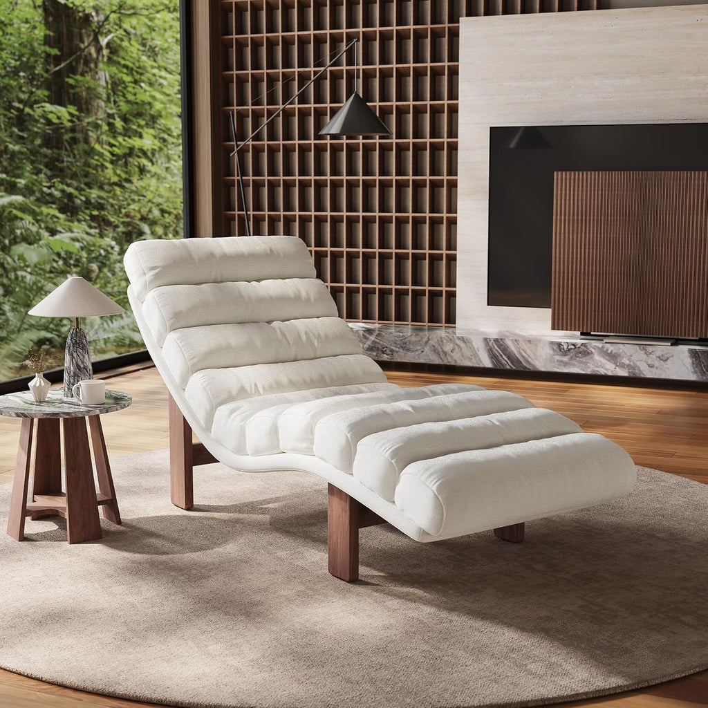 Modern Armless Chaise Lounge Upholstered Chair | Linen Fabric Lounge Chair with Wooden Legs for Living Room Bedroom Office
