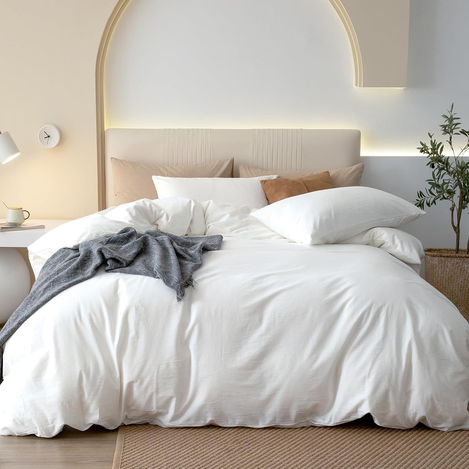 JIYUAN Washed Cotton Duvet Cover Set (Queen, 3-Piece) | Breathable Linen-Feel Bedding – Bright White