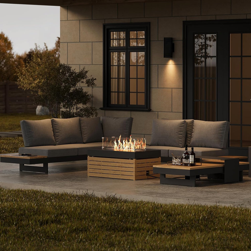 Homary Modular Patio Conversation Set with Fire Pit | Aluminum & Teak Outdoor Sofa Seating for 6