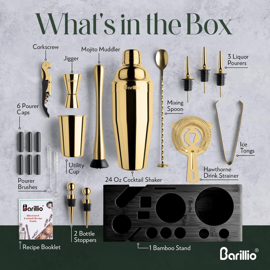 Barillio Gold Bartender Kit 23 Piece | Stainless Steel Cocktail Shaker Set with Bamboo Stand Home Bar Accessories