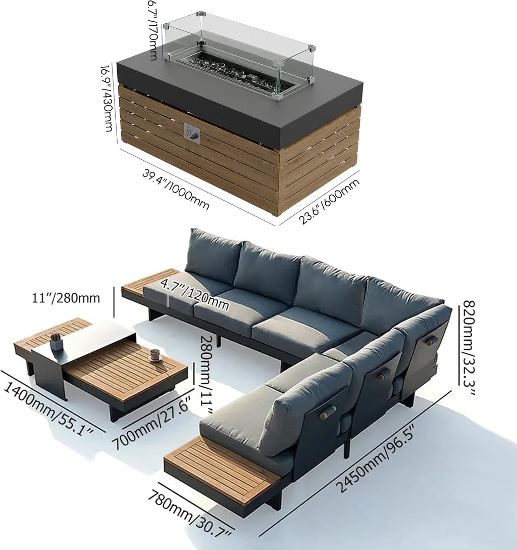Homary Modular Patio Conversation Set with Fire Pit | Aluminum & Teak Outdoor Sofa Seating for 6
