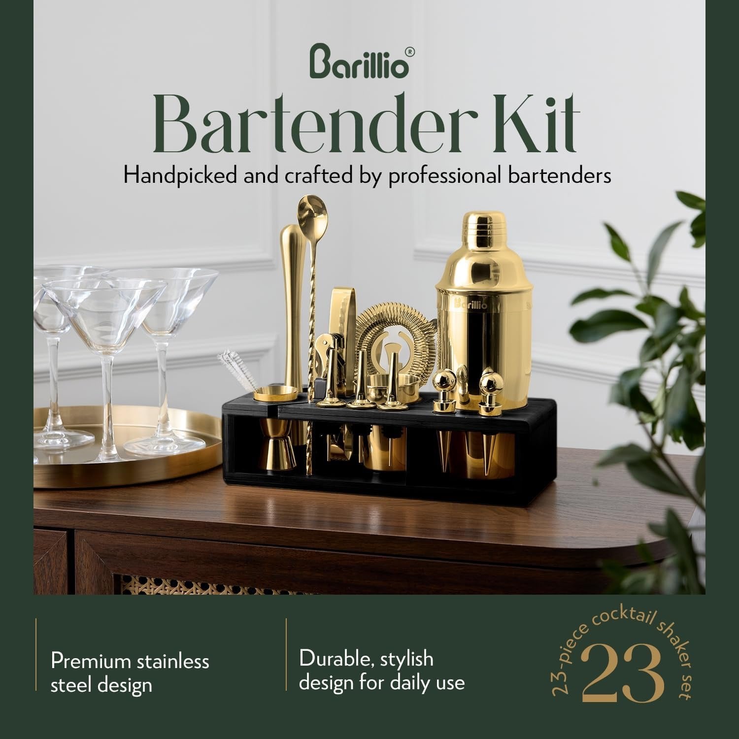 Barillio Gold Bartender Kit 23 Piece | Stainless Steel Cocktail Shaker Set with Bamboo Stand Home Bar Accessories