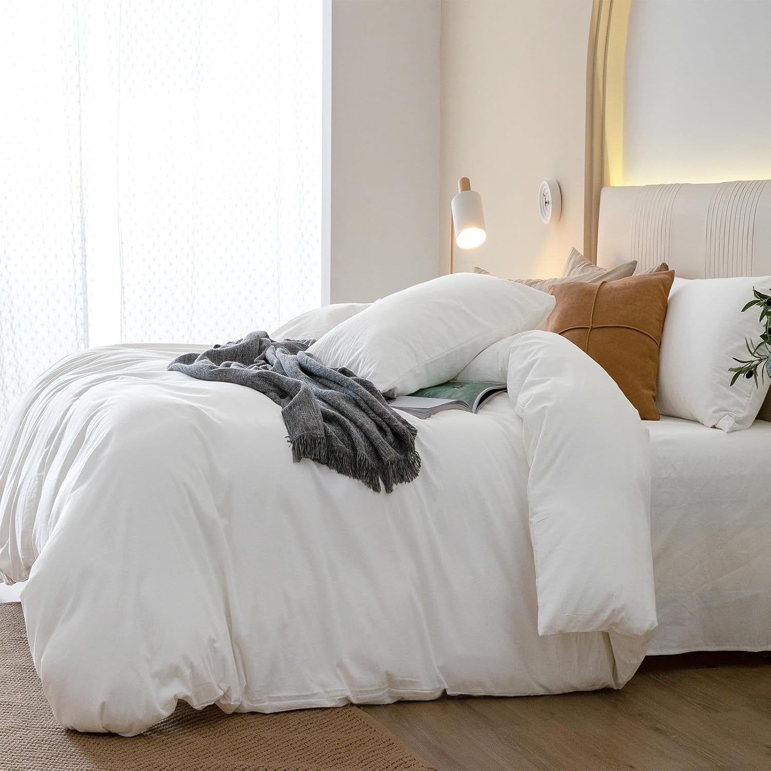 JIYUAN Washed Cotton Duvet Cover Set (Queen, 3-Piece) | Breathable Linen-Feel Bedding – Bright White
