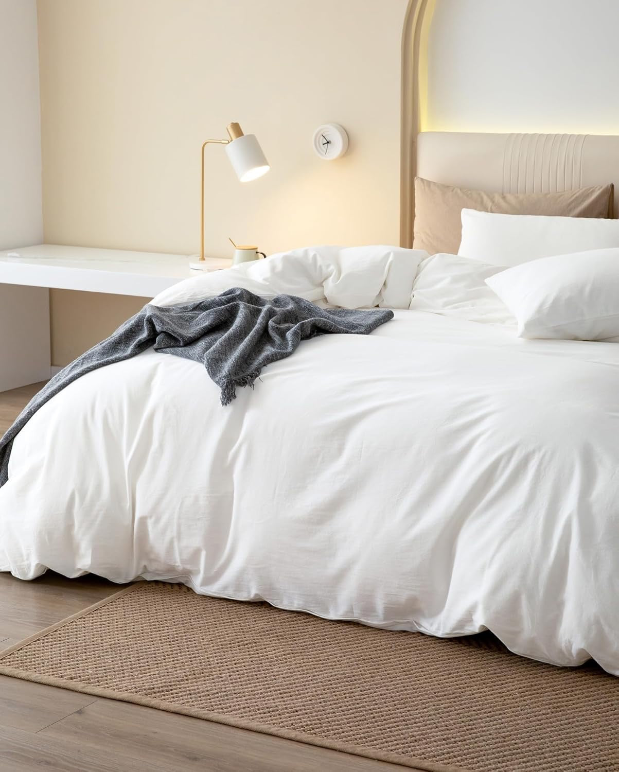 JIYUAN Washed Cotton Duvet Cover Set (Queen, 3-Piece) | Breathable Linen-Feel Bedding – Bright White