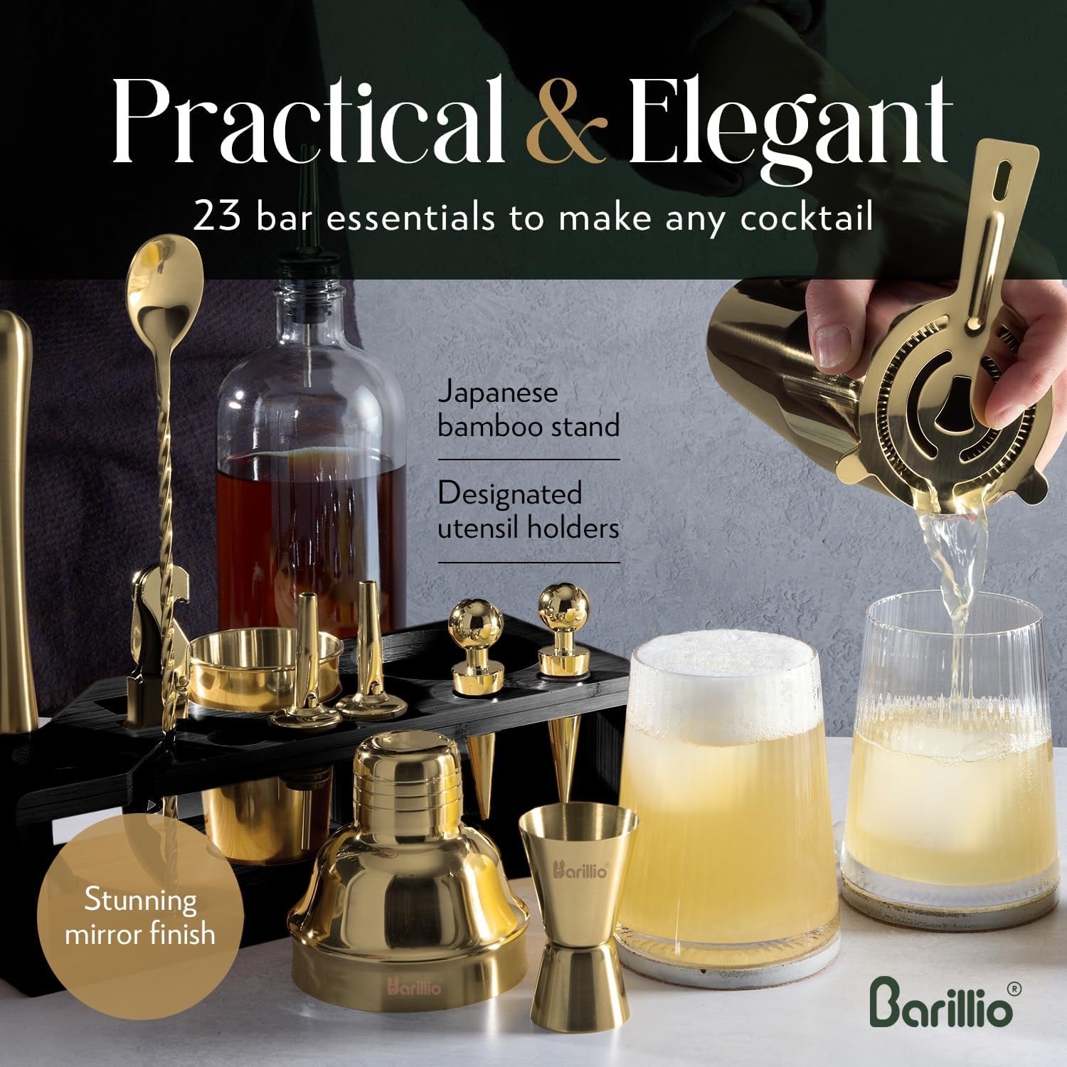 Barillio Gold Bartender Kit 23 Piece | Stainless Steel Cocktail Shaker Set with Bamboo Stand Home Bar Accessories