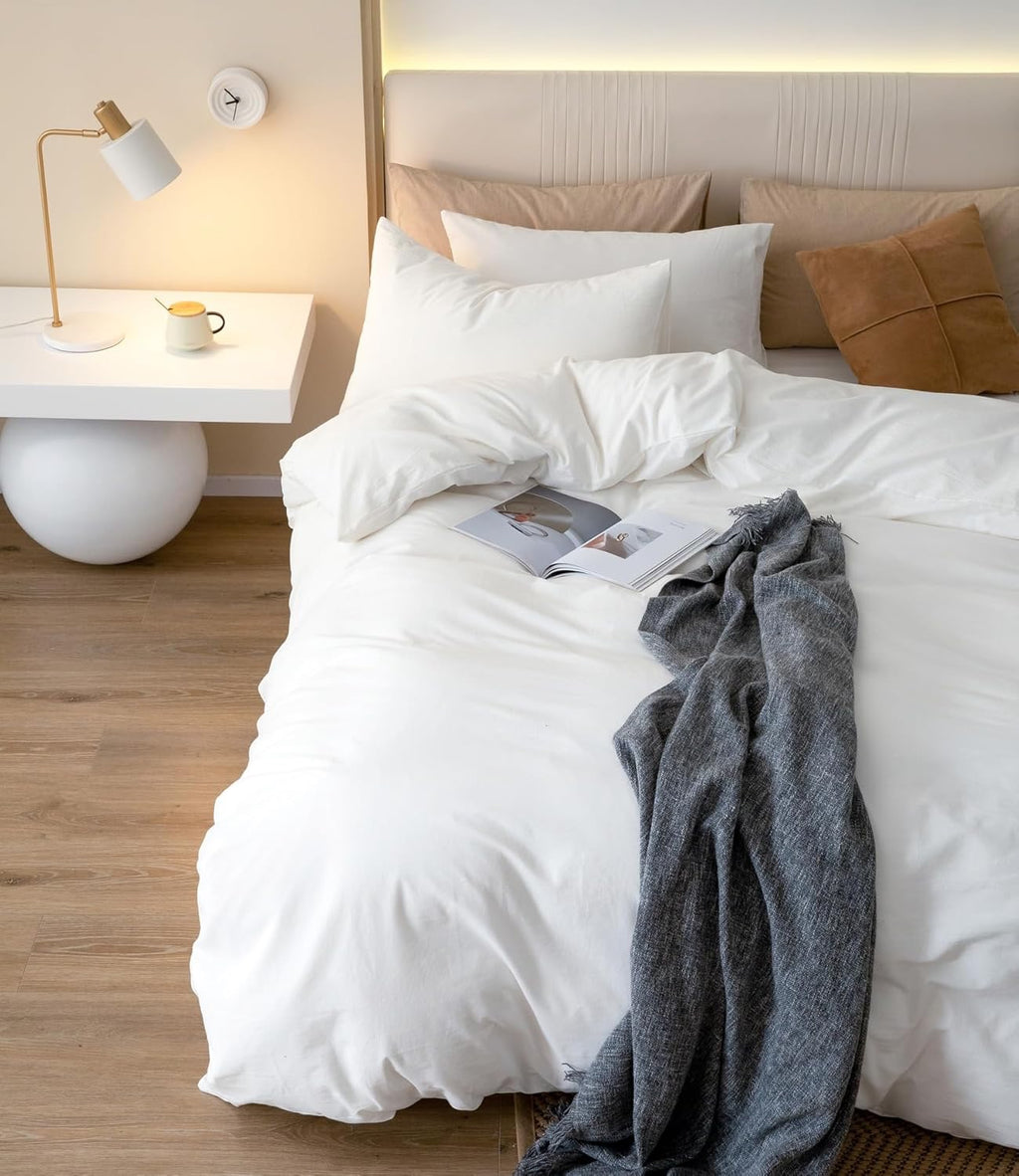 JIYUAN Washed Cotton Duvet Cover Set (Queen, 3-Piece) | Breathable Linen-Feel Bedding – Bright White