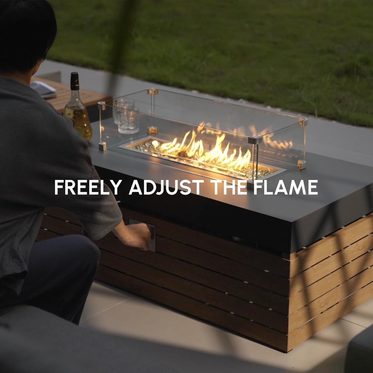 Homary Modular Patio Conversation Set with Fire Pit | Aluminum & Teak Outdoor Sofa Seating for 6