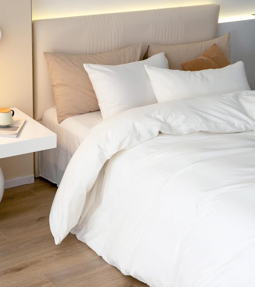 JIYUAN Washed Cotton Duvet Cover Set (Queen, 3-Piece) | Breathable Linen-Feel Bedding – Bright White