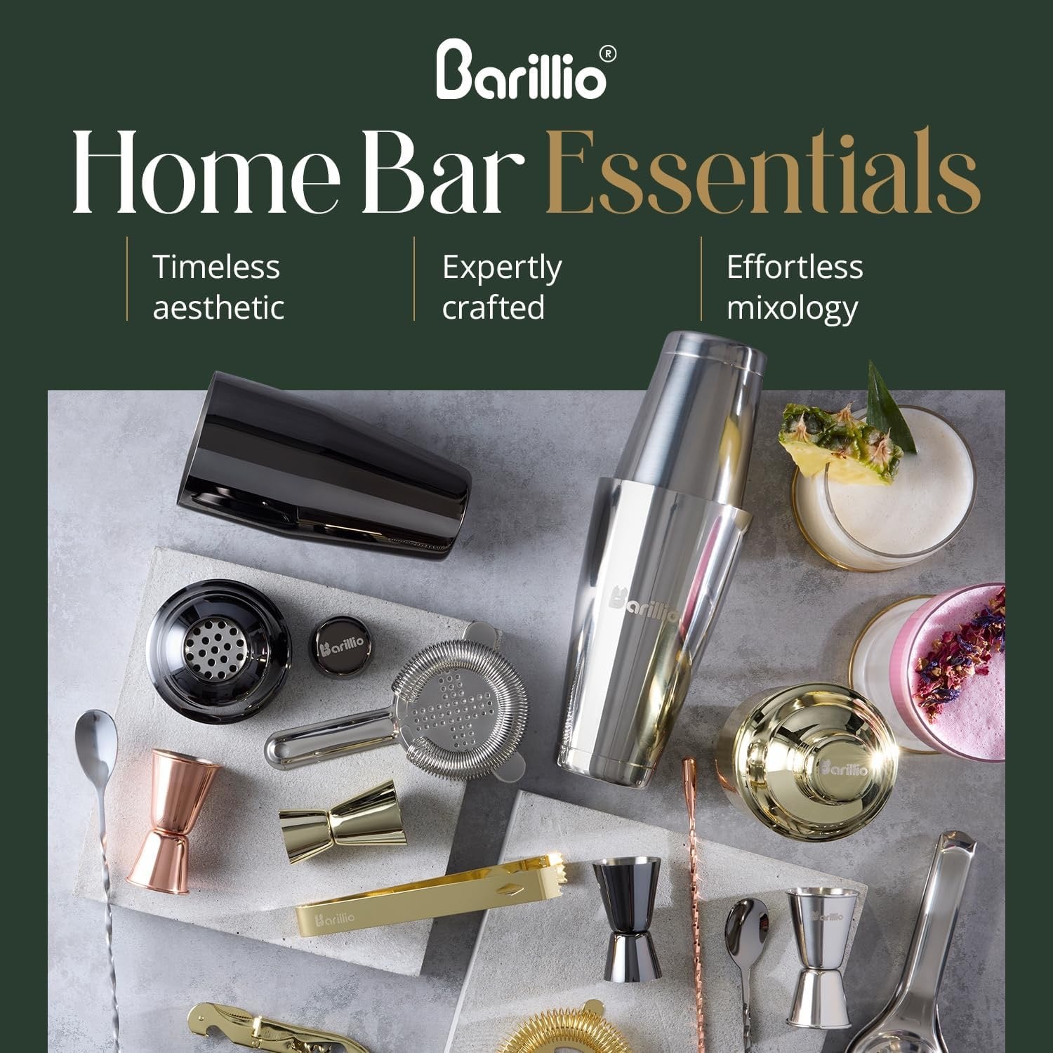 Barillio Gold Bartender Kit 23 Piece | Stainless Steel Cocktail Shaker Set with Bamboo Stand Home Bar Accessories