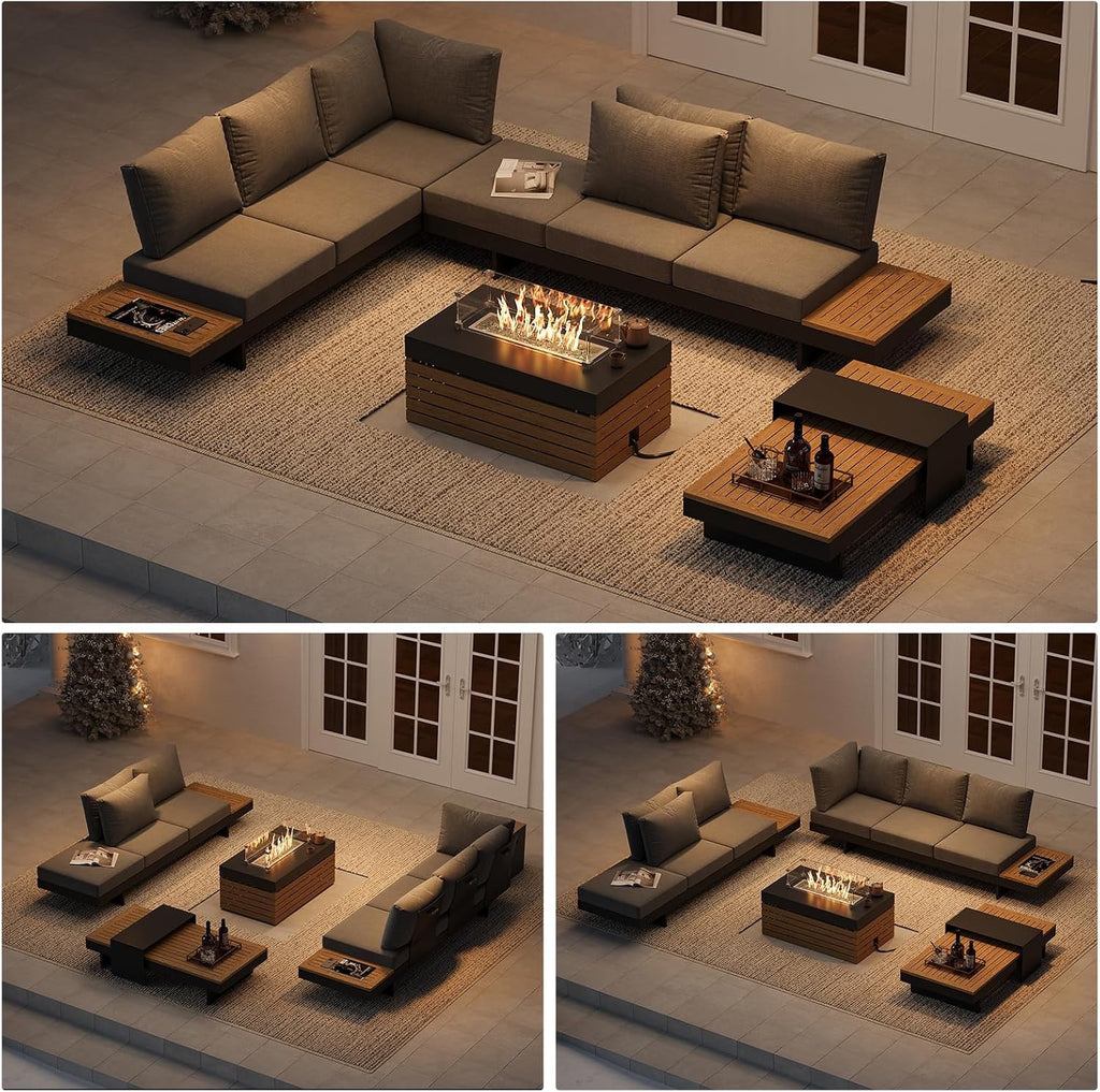 Homary Modular Patio Conversation Set with Fire Pit | Aluminum & Teak Outdoor Sofa Seating for 6