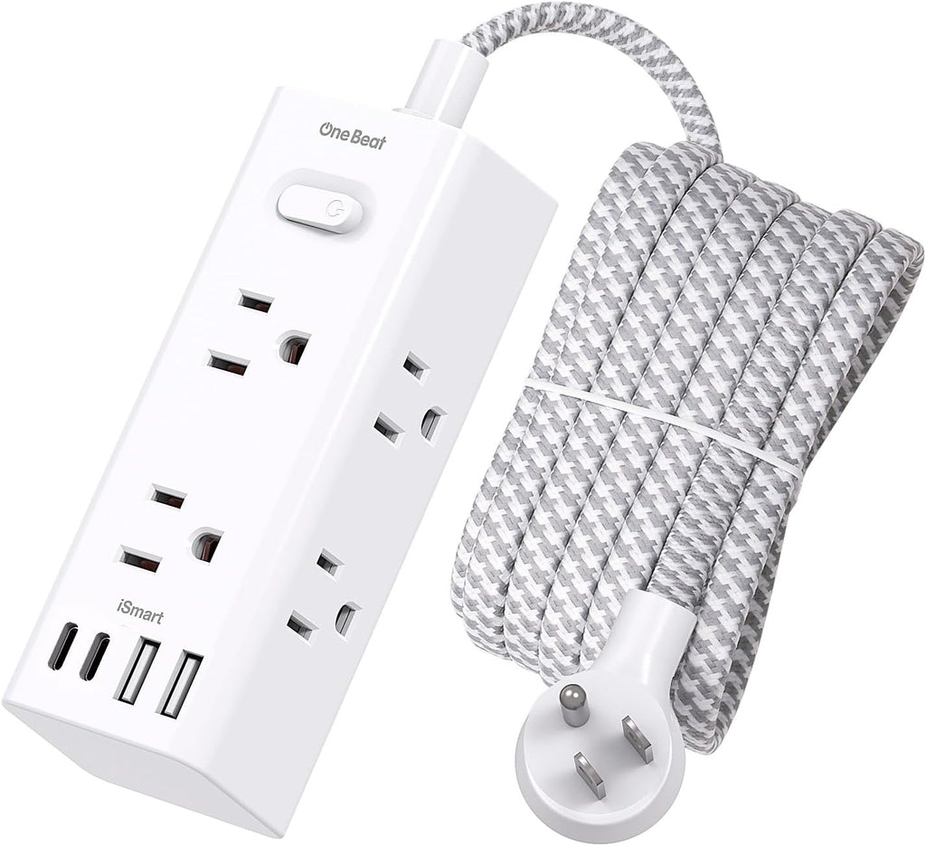 One Beat 10-Ft Power Strip Surge Protector | 6 Wide AC Outlets + 4 USB Ports (2 USB-C) with Flat Plug