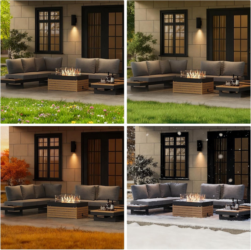 Homary Modular Patio Conversation Set with Fire Pit | Aluminum & Teak Outdoor Sofa Seating for 6