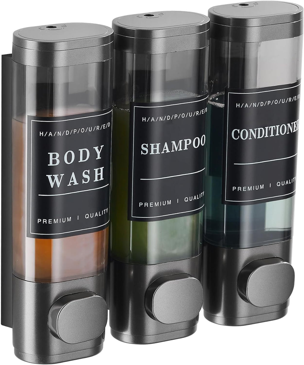 Wall Mounted Shower Soap Dispenser 3 Chamber Gunmetal Gray | No Drill Shampoo Conditioner Dispenser with Labels Bathroom Hotel