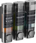 Wall Mounted Shower Soap Dispenser 3 Chamber Gunmetal Gray | No Drill Shampoo Conditioner Dispenser with Labels Bathroom Hotel