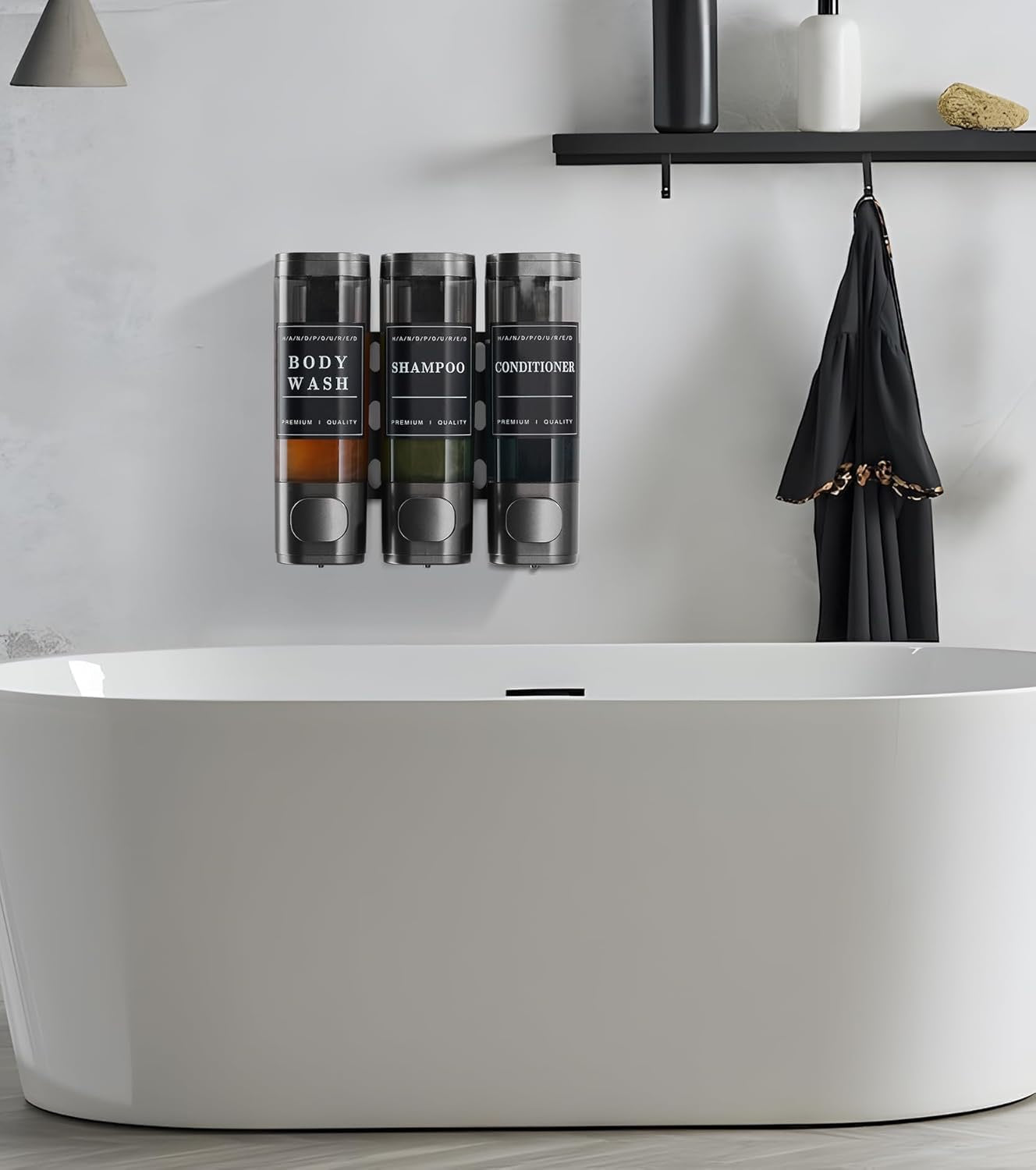 Wall Mounted Shower Soap Dispenser 3 Chamber Gunmetal Gray | No Drill Shampoo Conditioner Dispenser with Labels Bathroom Hotel