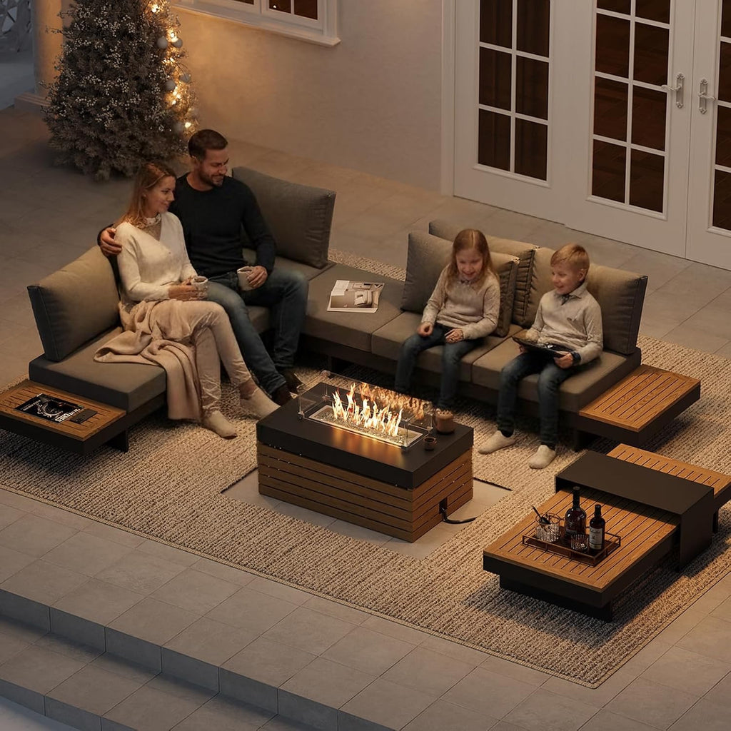 Homary Modular Patio Conversation Set with Fire Pit | Aluminum & Teak Outdoor Sofa Seating for 6