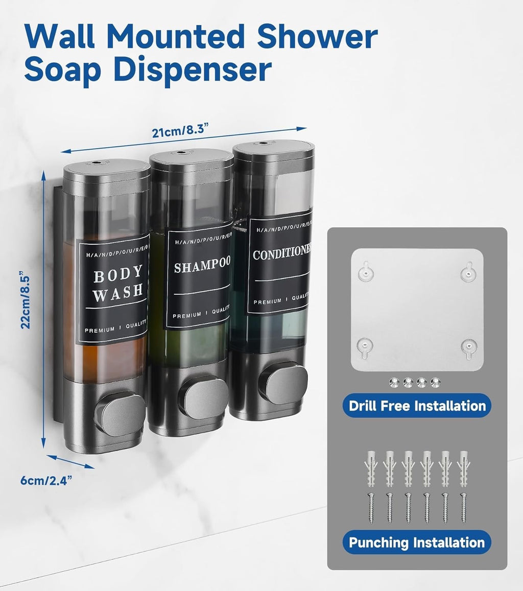 Wall Mounted Shower Soap Dispenser 3 Chamber Gunmetal Gray | No Drill Shampoo Conditioner Dispenser with Labels Bathroom Hotel